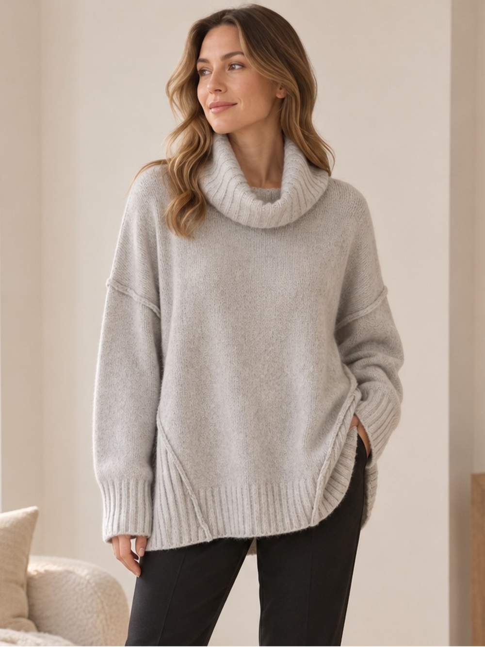 Adrienne Vittadini Gray Wool Blend Oversized Cowl Neck Sweater Large Cozy Simple